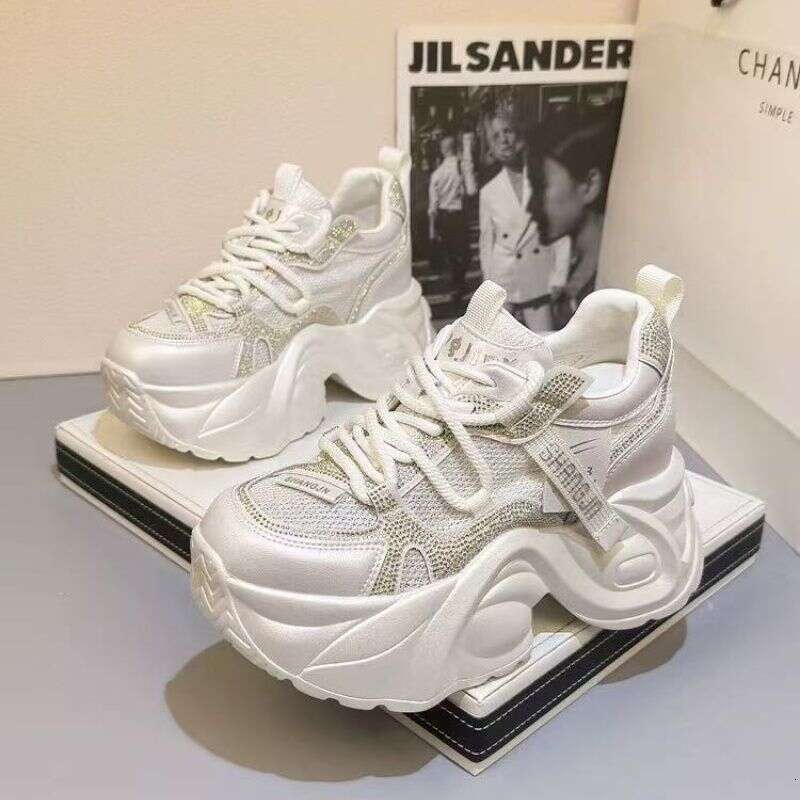 9CM Height-Increasing Shoes for Women, Thick Sole, Designer Shoe 2025 Summer New Small Size Mesh Breathable Rhinestone Sneakers