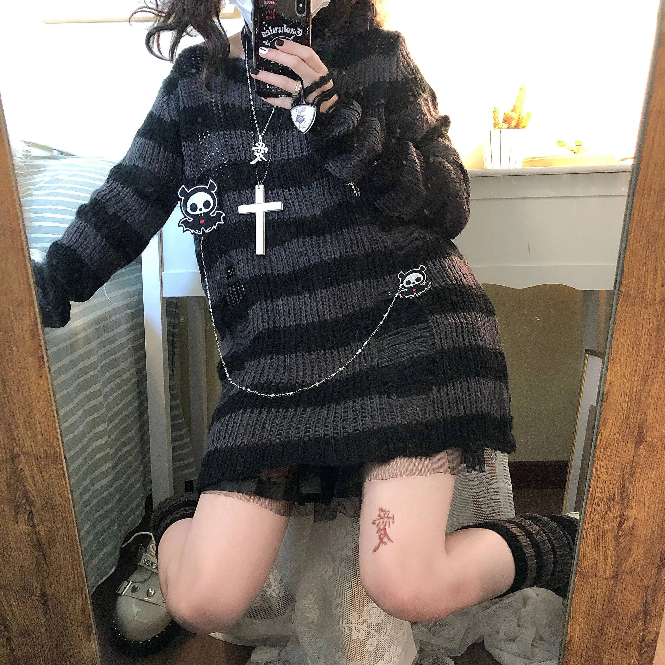 Karrram Pink Striped Gothic Sweaters Women Ripped Holes Loose Knitted Pullover Frayed Fairy Grunge Jumpers Emo Streetwear Lolita dongdumaoyi