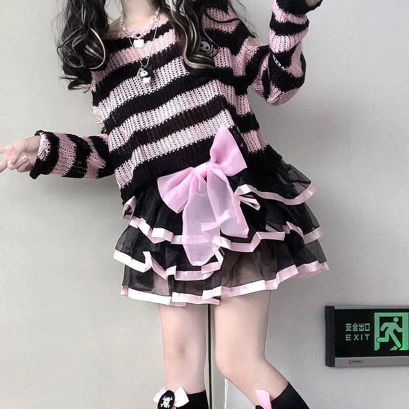 Karrram Pink Striped Gothic Sweaters Women Ripped Holes Loose Knitted Pullover Frayed Fairy Grunge Jumpers Emo Streetwear Lolita dongdumaoyi