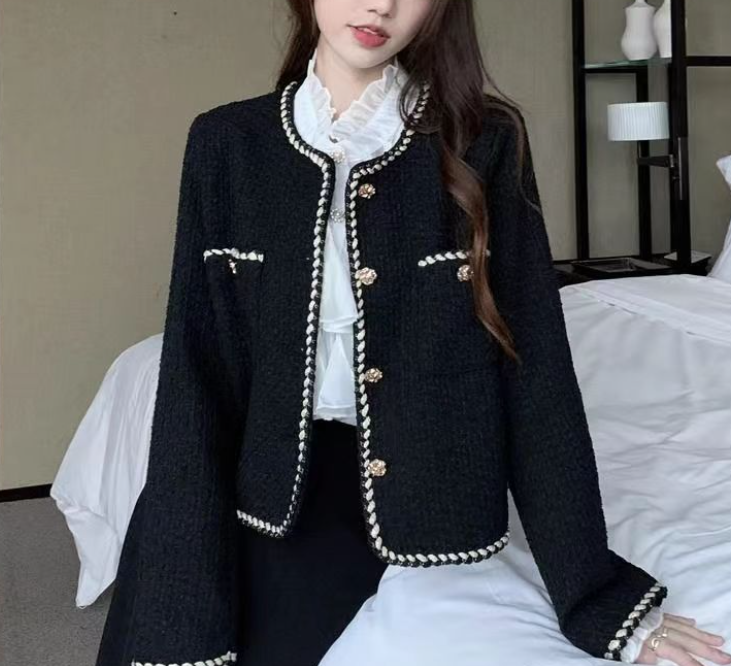 MEXZT Vintage Tweed Jacket Women Elegant Cropped Quilted Coat Commute Black Blazer Winter Ladies Korean Short Outerwear Tops 250718