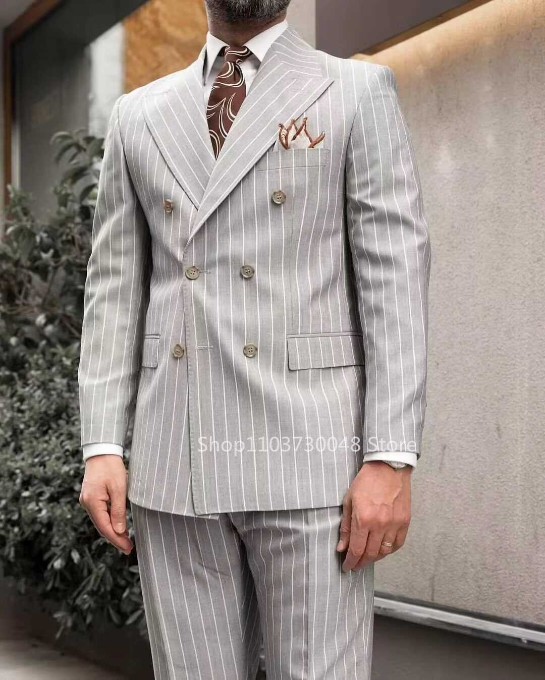 Formal Light Grey Striped Men 2 Piece Wedding Suit Peak Lapel Groom Tuxedo Slim Fit Business Suits Costume Homme For Party Prom W250910