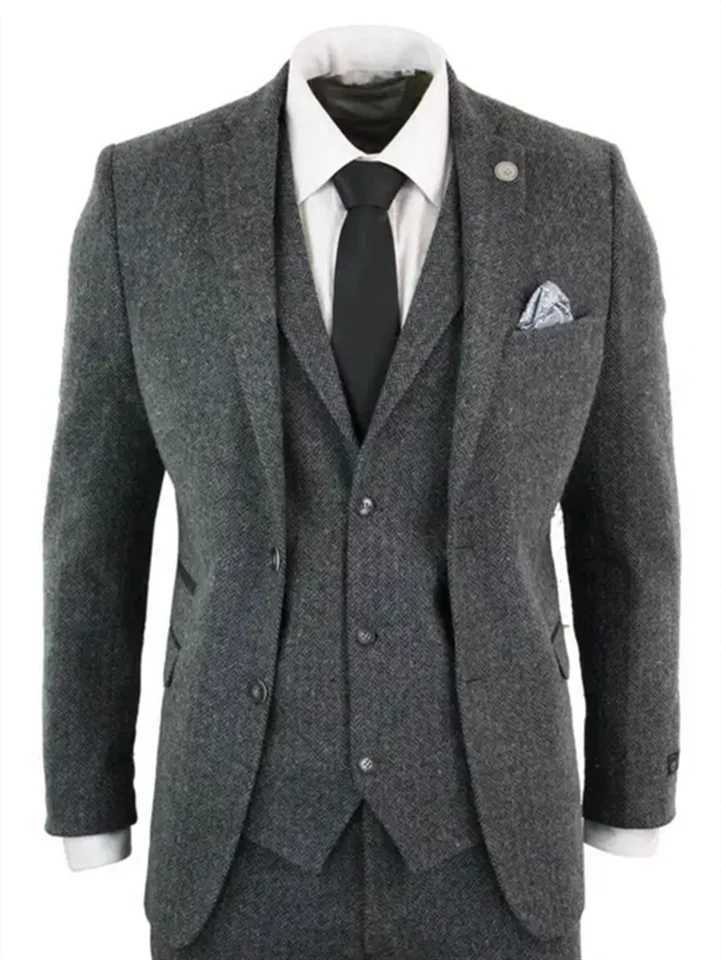 3 Piece Gray Wool Tweed Winter Suit for Men Herringbone Slim Fit Formal Groom Tuxedo Wedding Male Suits JacketVestPants W250910