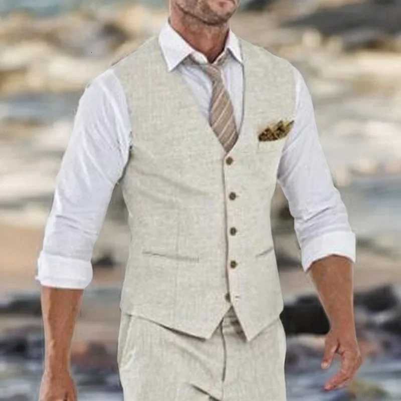 Beige Linen Suit Vest for Men Wedding Summer Beach One Piece Waistcoat V Neck Male Fashion Cost W250910