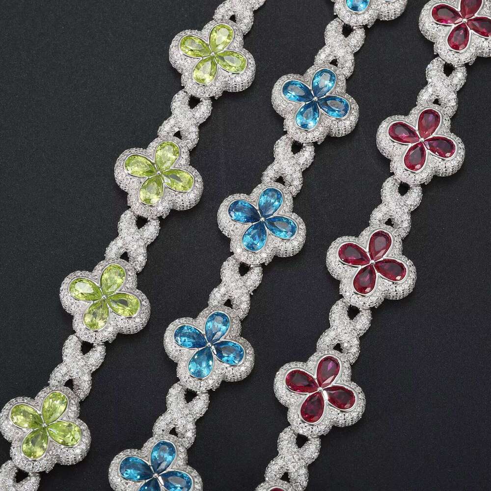 Fashion Mens Jewelry 17mm Sterling Sier VVS Moissanite Dia Colorful Iced Out Four Leaf Clover Infinity Link Bracelet