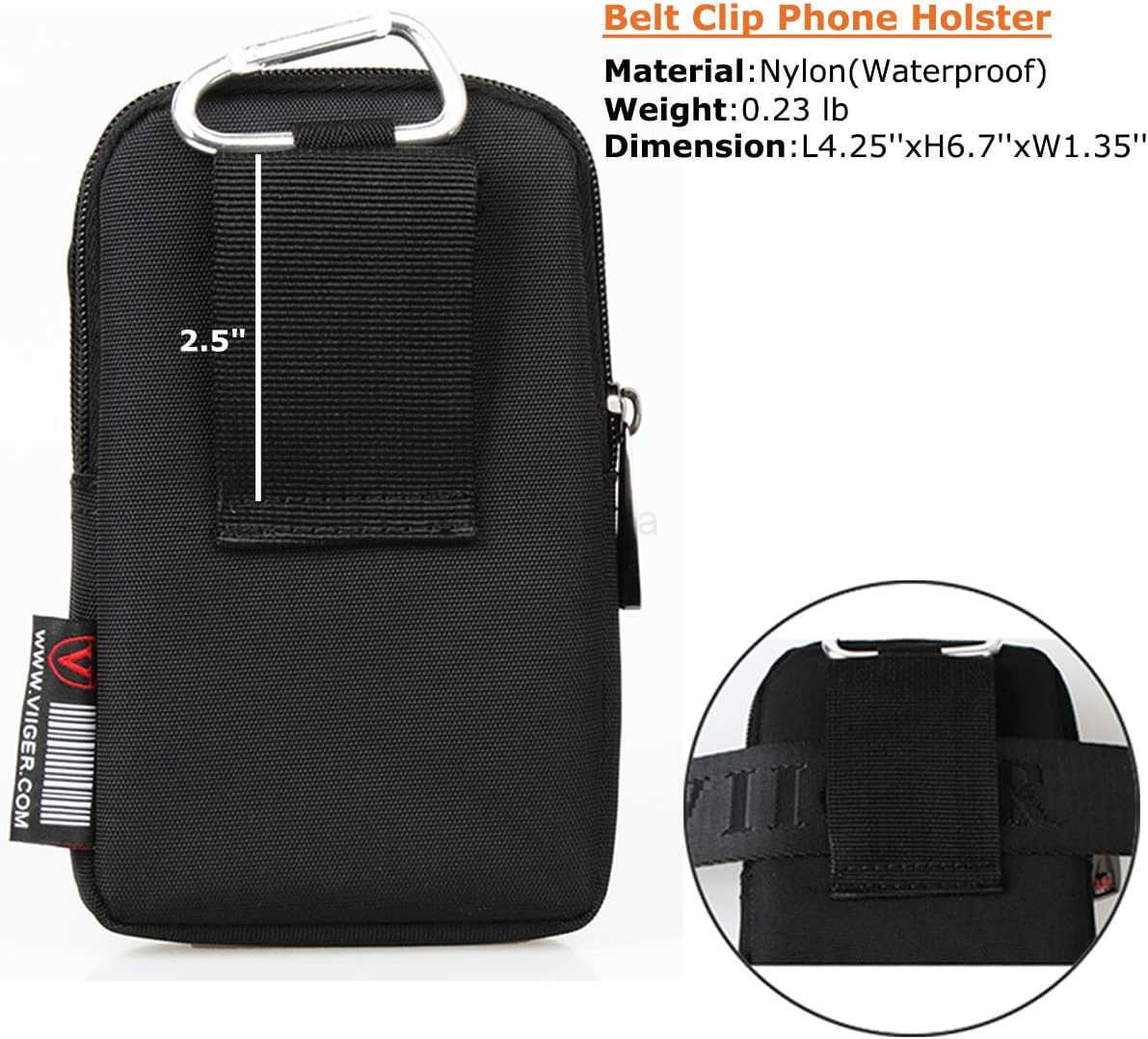 Versatile Nylon Dual Phone Holster Cellphone Belt Case Holder Mens Belt Pouch wClip Smartphone Belt Loop Pouch Bag 2 Zipper Pockets Compatible with iP