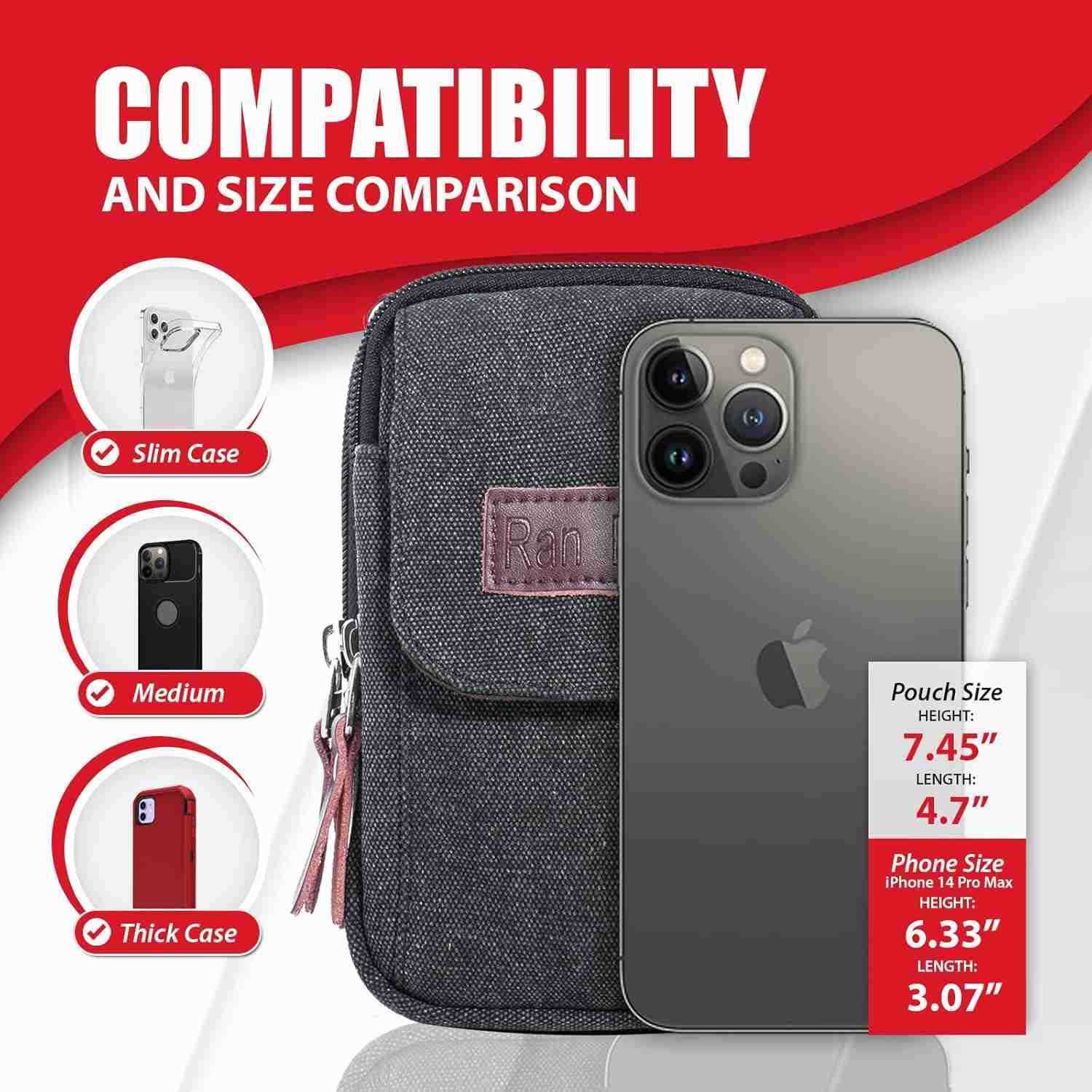 Canvas Phone Pouch for Men Small Crossbody Purse Shoulder Cell Phone Arm Bag Multifunction Carrier Belt Clip Holster Case Fit for iPhone 1615141312 Pr