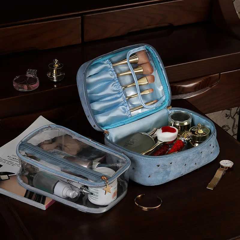 Women Luxury Velvet Cosmetic Bag Large Capacity Star Print Makeup Bag Portable Travel Wash Organizer Toiletries Storage CaseXJ250910