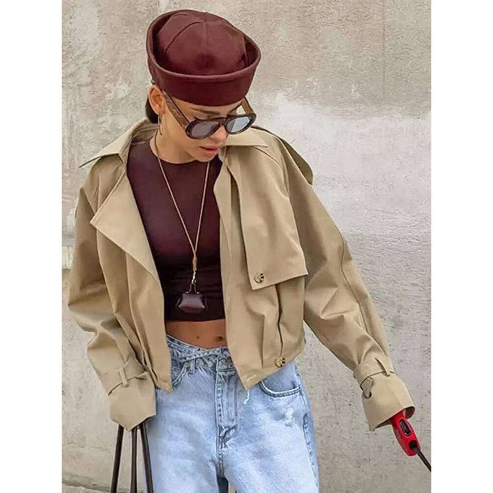 Designer Clothing 2025 Ladies Vintage Cropped Trench Spring Autumn Lapel Jacket Women Streetwear Single Breasted Long Sleeve Top Female Chic Coat Luxu