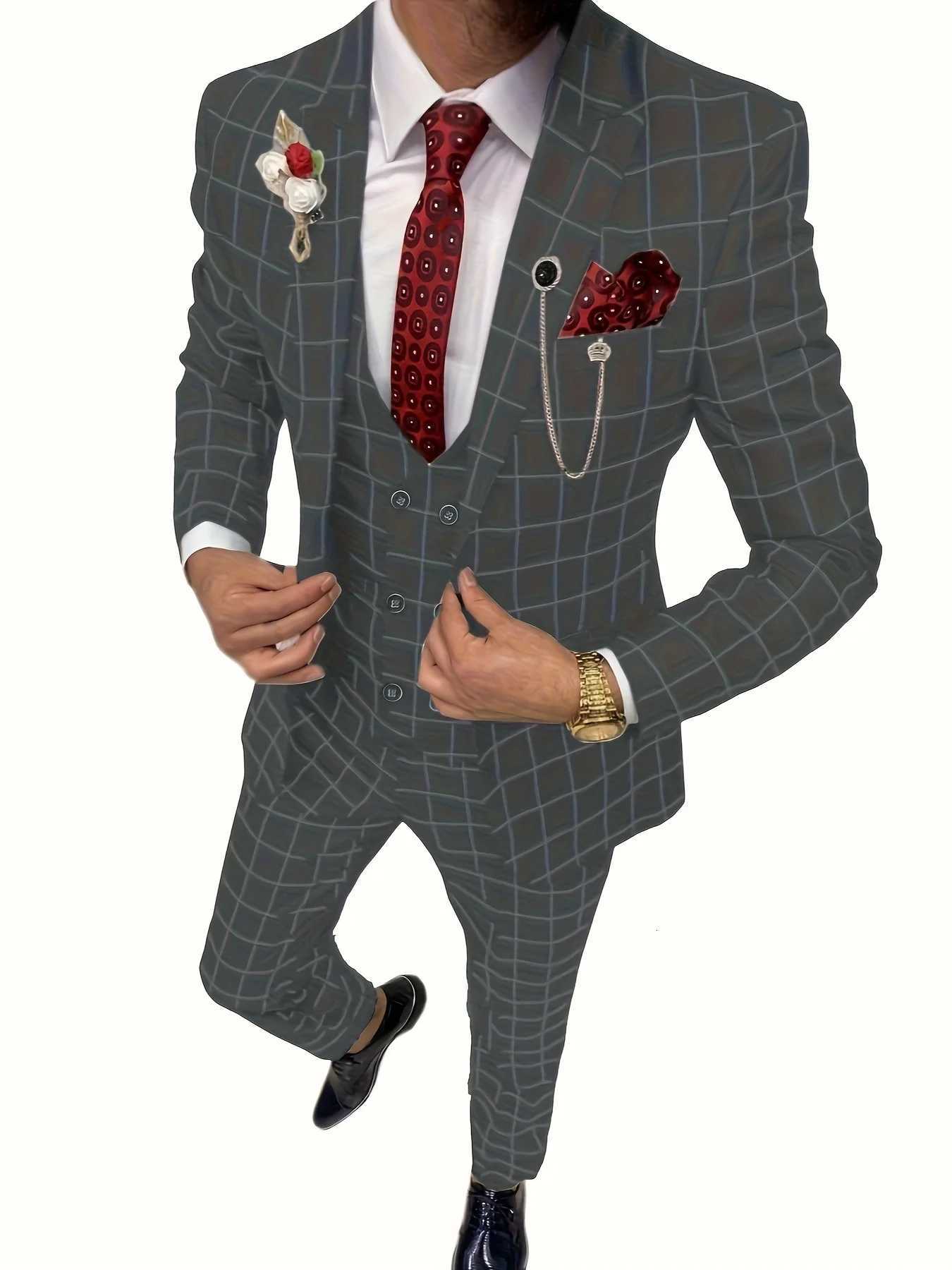 Elegant Mens Suit 3 Pieces Plaid Tuxedos Business Suits Slim Fit Double Breasted for Wedding Business BlazervestPants W250910