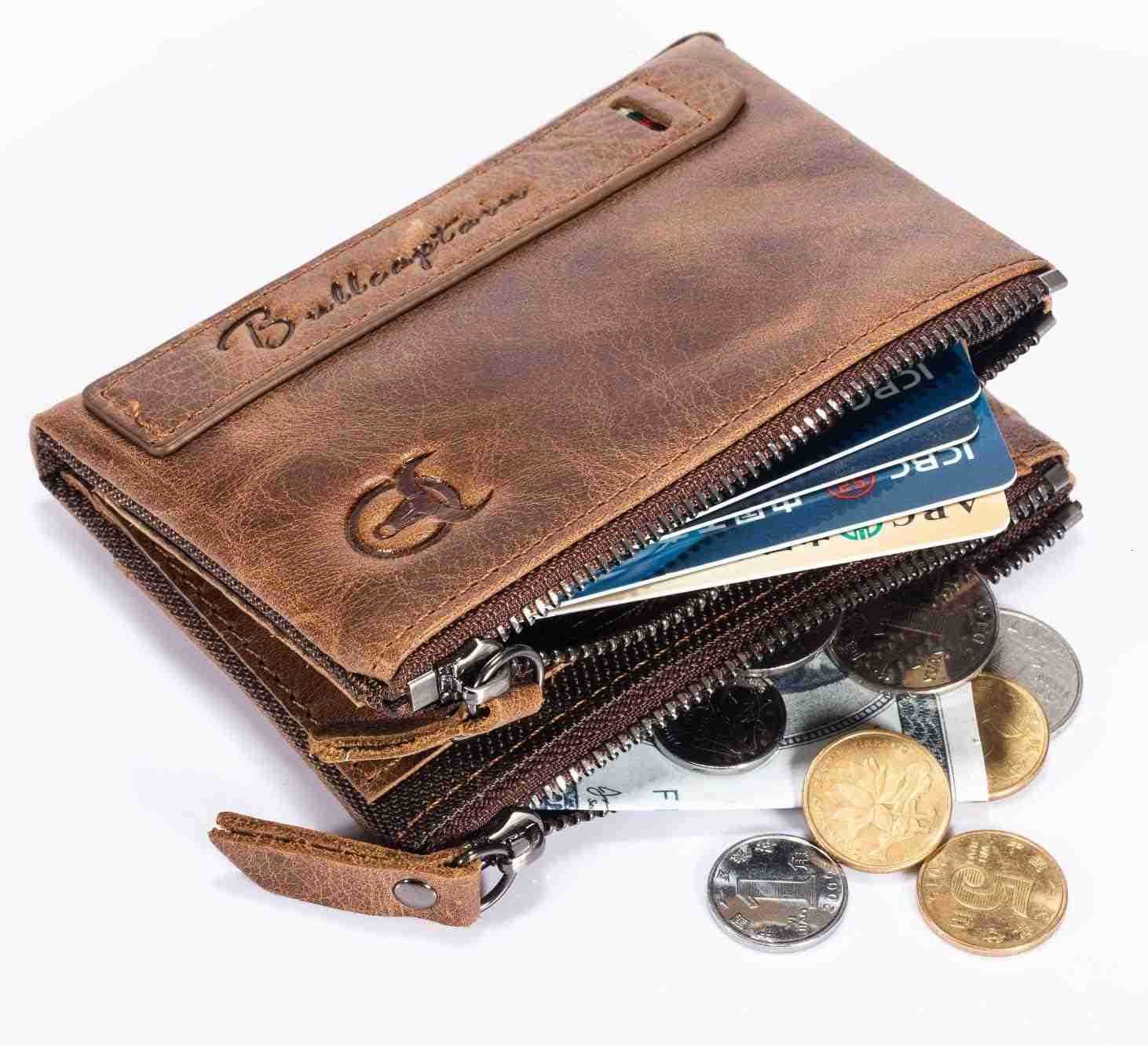 Genuine Leather Wallet for Men Vintage Bifold with Double Zipper Pockets BrownZ250910