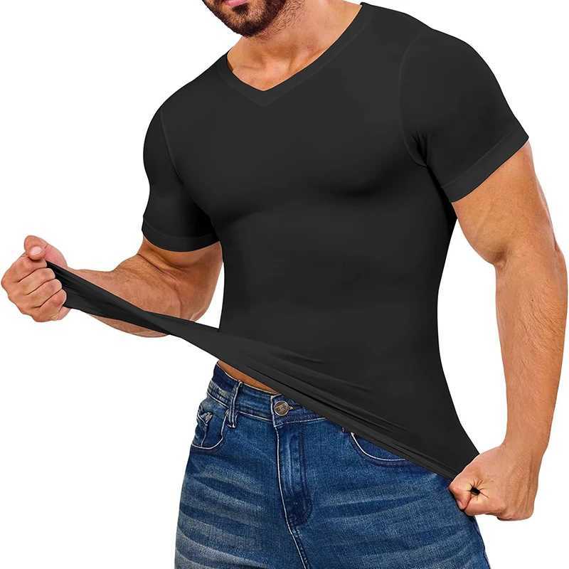Men V Neck Compression Shirts Short Sleeved Body Shaper Slimming Undershirt Workout Abs Abdomen Tummy Control Shapewear Tops W250910