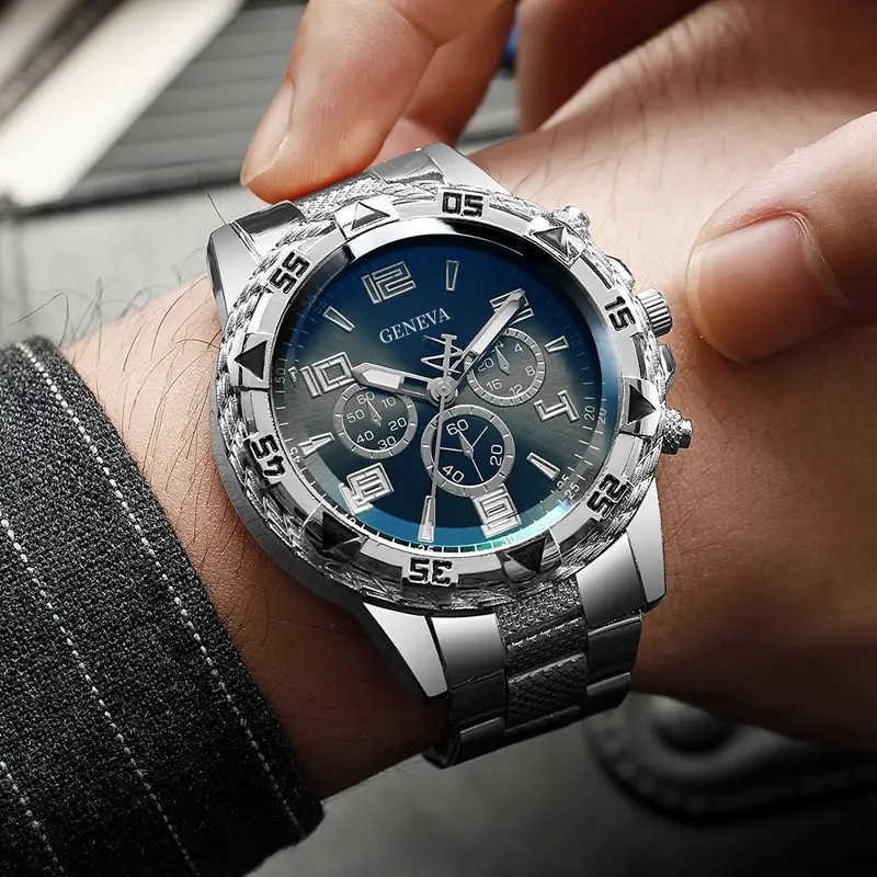 Blue light iride-colored glass men's watch, steel band quartz watch, digital engraving vacation three-eye watch W250704