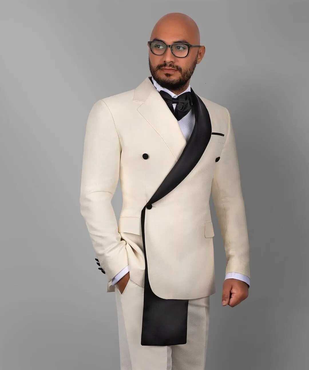 Beige Fashion Style 2 Piece Men Wedding Suits Slim Fit Double Breasted Blazer Business Groom Tuxedos Party Prom Costume Homme W250910