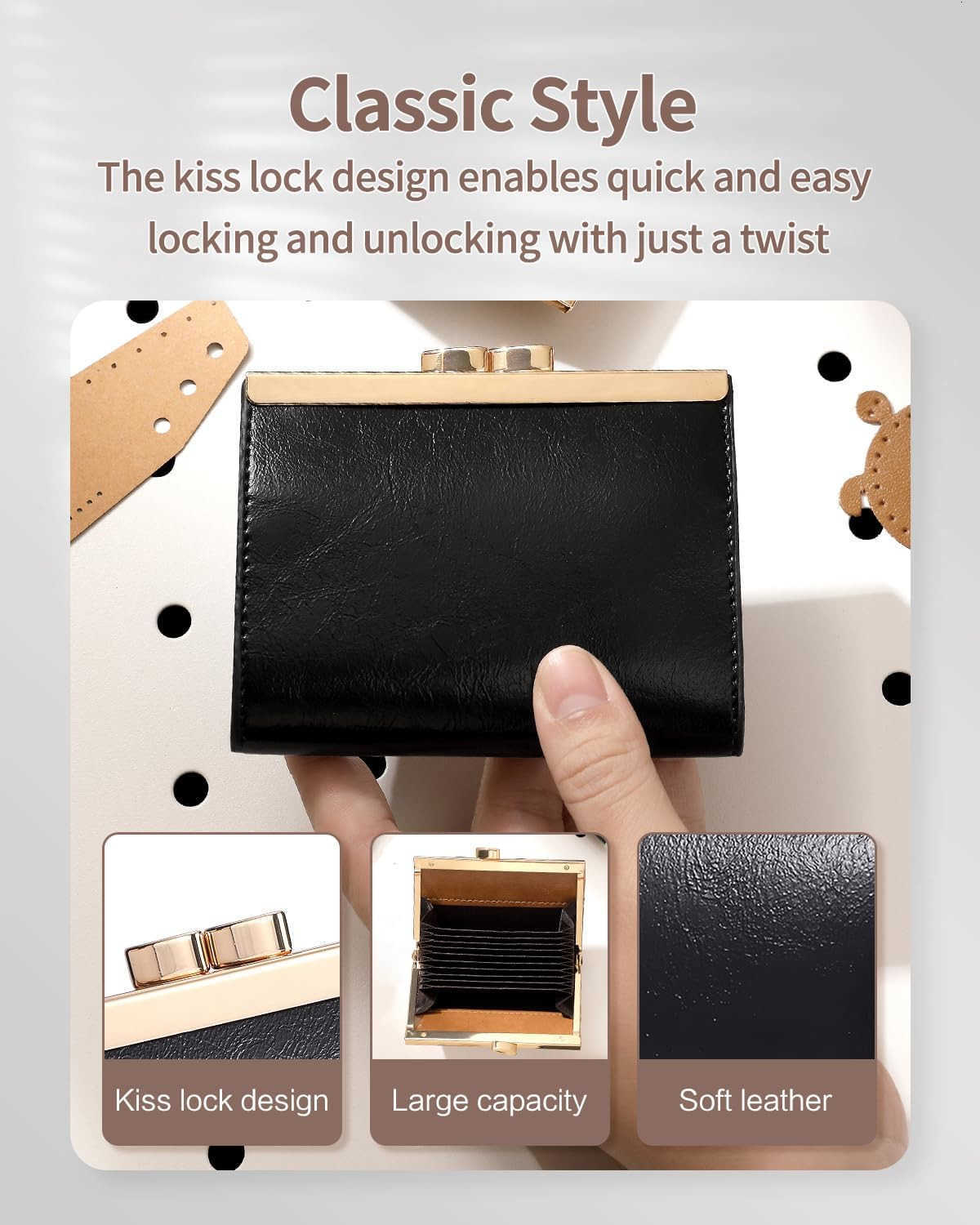 Womens Small CARD Holder Classic PU Leather Card Holder Wallet PocketSized Solid Color Rectangle Small Wallet Kiss Lock CARD Wallets for Women BlackZ2