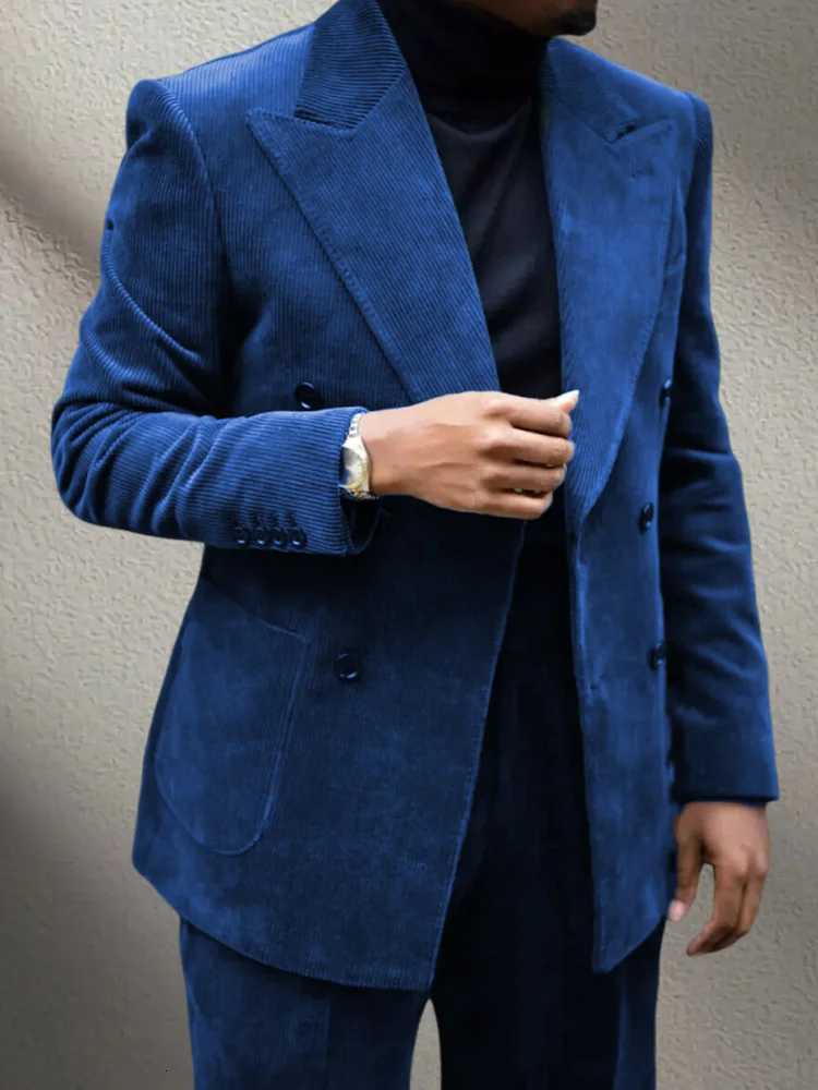 Autumn Winter Corduroy Mens 2 pieces suit Man blue suit Jacket suit Pants Suit Thick top for Wedding Banquet Business W250910