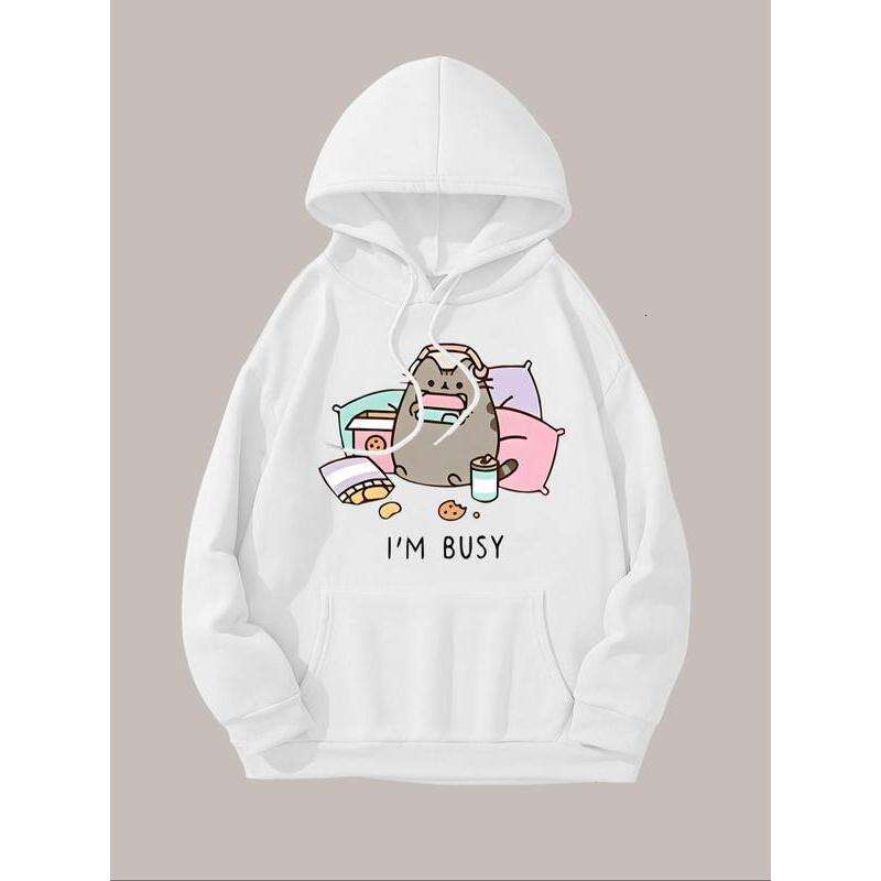 Women's Cartoon Cat Letter Print Drop Shoulder Hoodie, Fashion Casual Drawstring Pocket Hooded Sweatshirt Daily Holiday Outdoor Wear, Ladies Clot