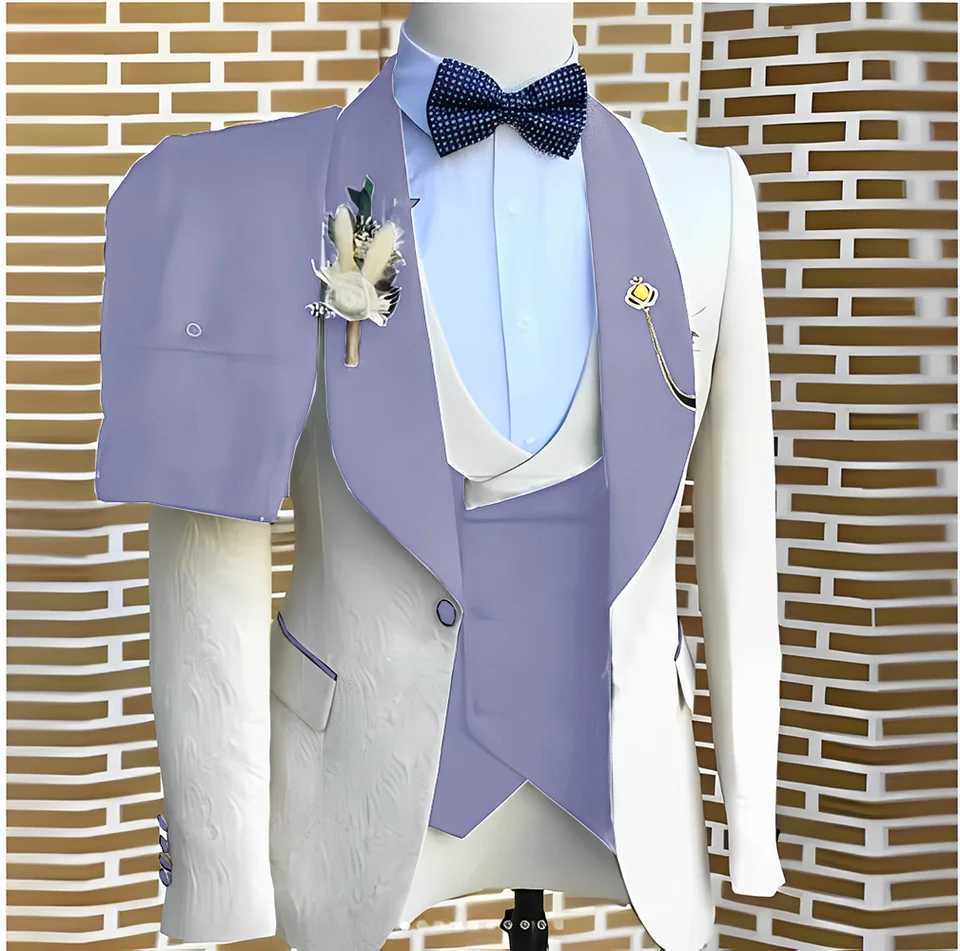 Elegant WhiteJacquard Suits Men For Wedding Formal Jacket Vest Pants 3 Pieces Groomsman Tuxedos Tailored Male Fashion Clothing W250910