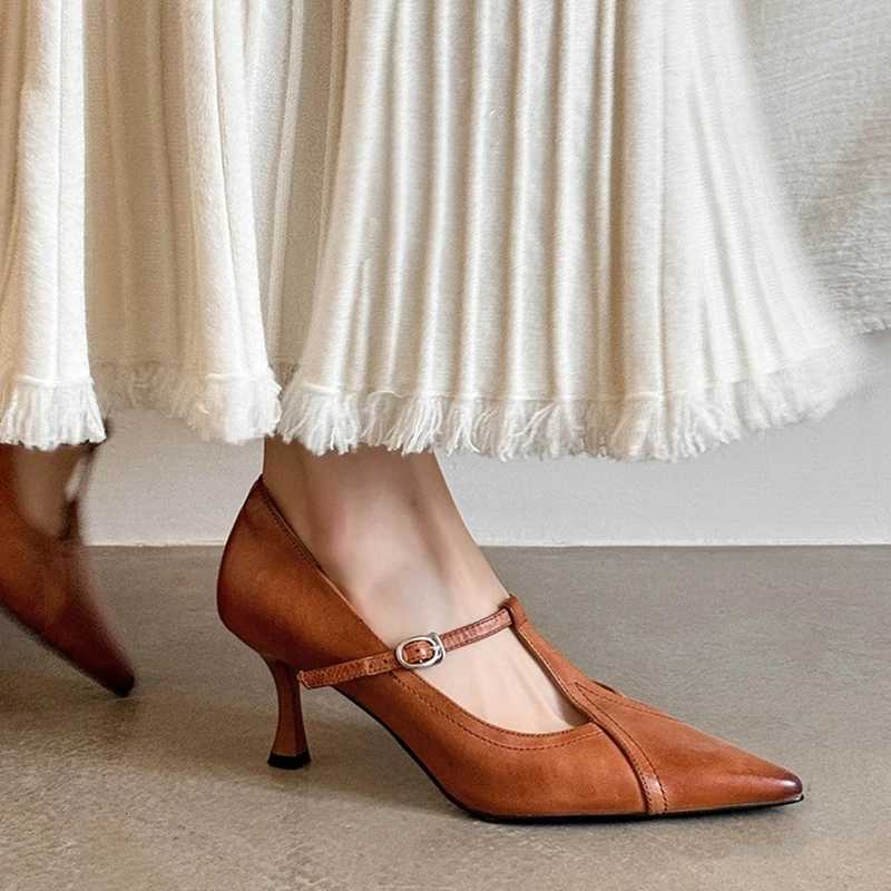 NEW SpringAutumn Women Pumps Genuine Leather Shoes for Women Pointed Toe Thin Heel Shoes Concise Tstrap Shallow Designer Shoes W250910