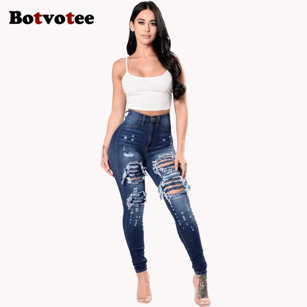 Botvotee Ripped Skinny High Waisted Pencil Jeans for Women Casual Y2K Streetwear Denim Pants Dark Blue Elastic Jeans Woman Z250910