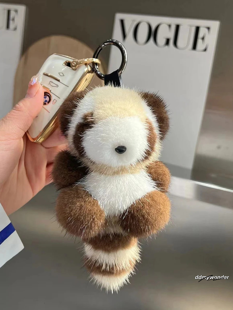Cute Raccoon Real Mink Fur Keychain Plush Toy Trinkets Women Bag Hanging Ornaments Car Key Metal Ring Pendant Kids Classic Gift 250110