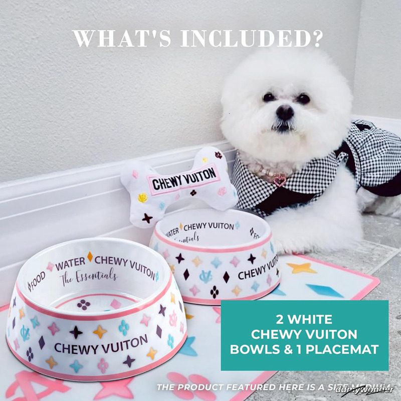 Designer Bowls And Placemat, Water Bowls, Grade BPA Free, Non-Skid Bottom Dishwasher Safe, Dog Food Mat Included, White 23Oz J01 ddmywonder ddmywonder