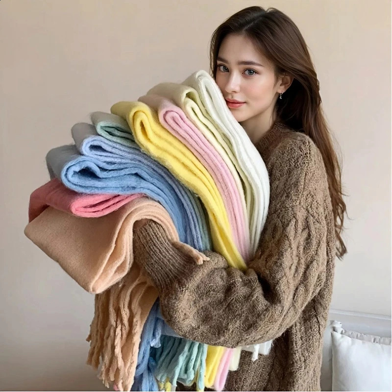 Winter Scarf for Women Cashmere Warm Solid Pink Pashmina Blanket Wraps Female Thick Soft Bufanda Big Tassel Shawl Long Echarpe 250916