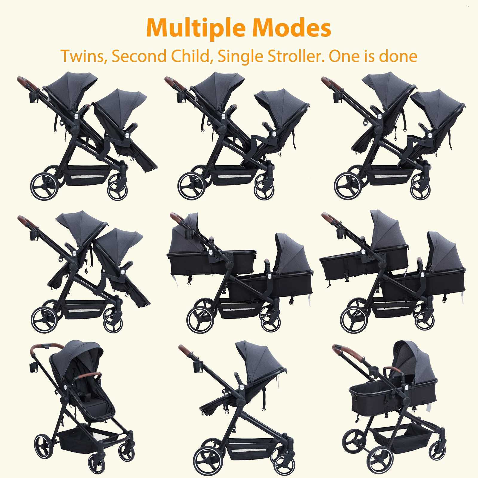 Double Track Tandem Stroller Foldable Bassinet Pram for Infant and Toddler Reversible Pushchair Adjustable Backrest Canopy W250910