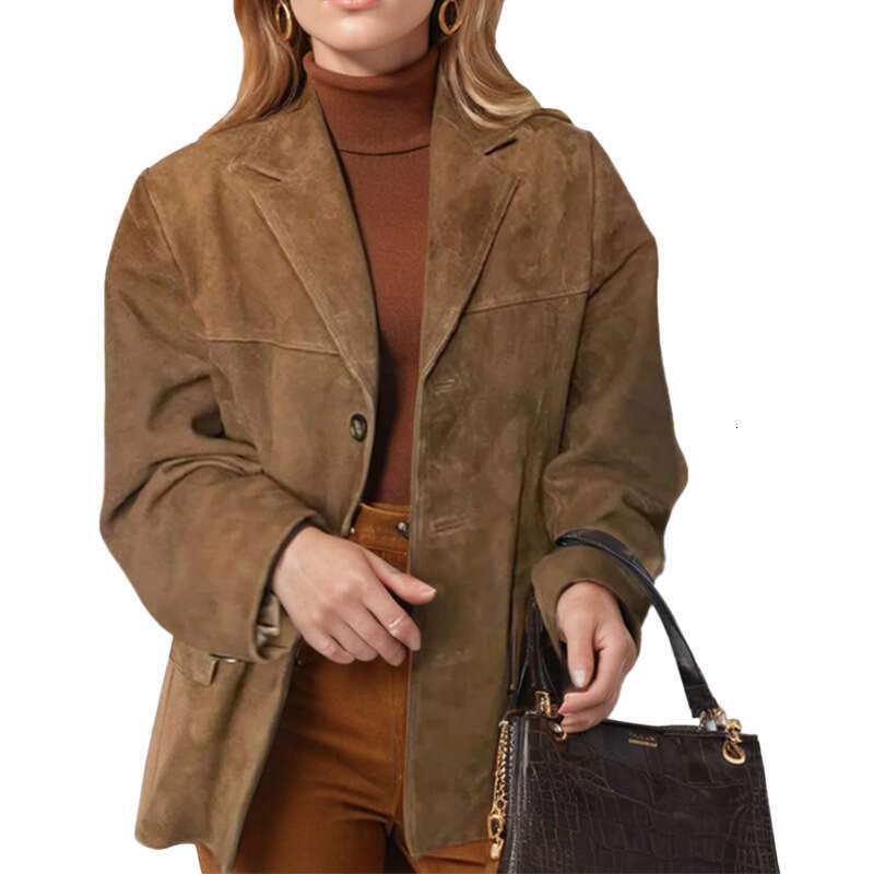 European and American Women's Style Retro Brown Loose Pocket Long Sleeve Suit Jacket for Women 2025 New Casual Fashion Trend Clothing