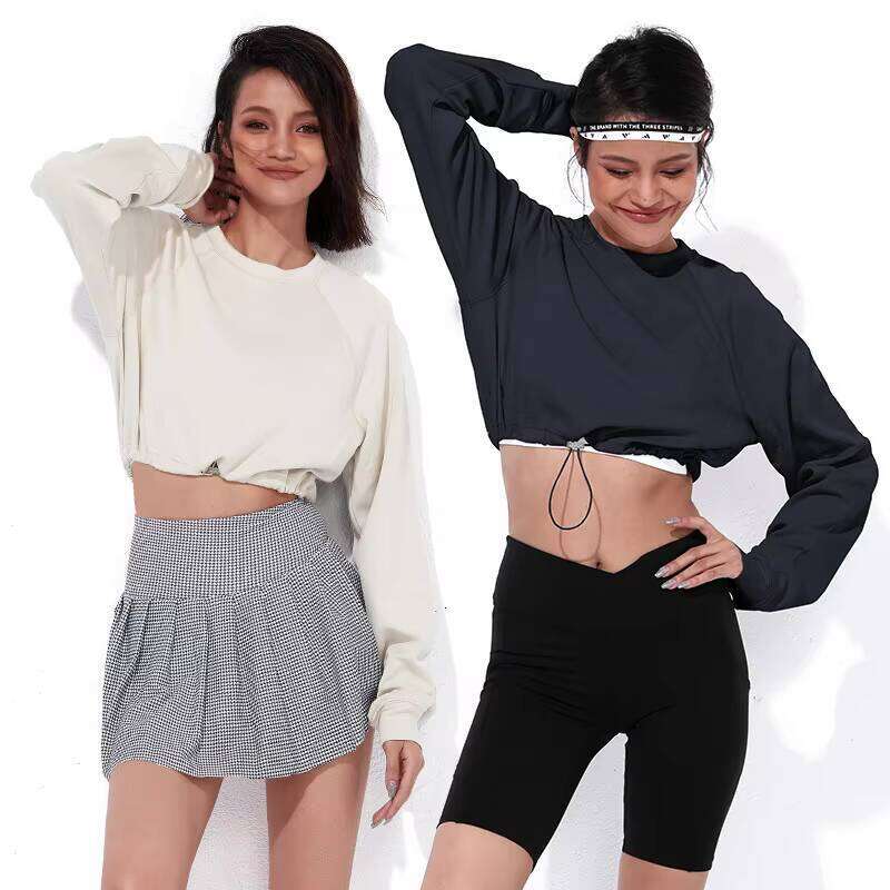 High-Quality Air Layer Drawstring Raglan Street Style Sweatshirt Women's Long Sleeve Crop Top