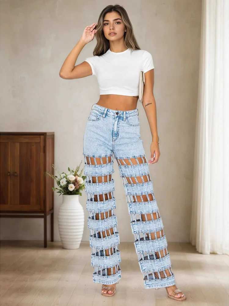 Fashion Hollow Out Denim Pants Woman Solid Color High Waist Wide Leg Jeans Female Streetwear Bottoms Summer 2025 New Z250910