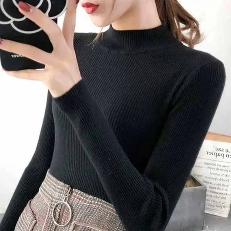 Autumn Winter Mock Neck Women Sweater Vintage Basic Solid Knitted Tops Casual Slim Pullover Korean Sweaters Simple Chic Jumpers dongdumaoyi