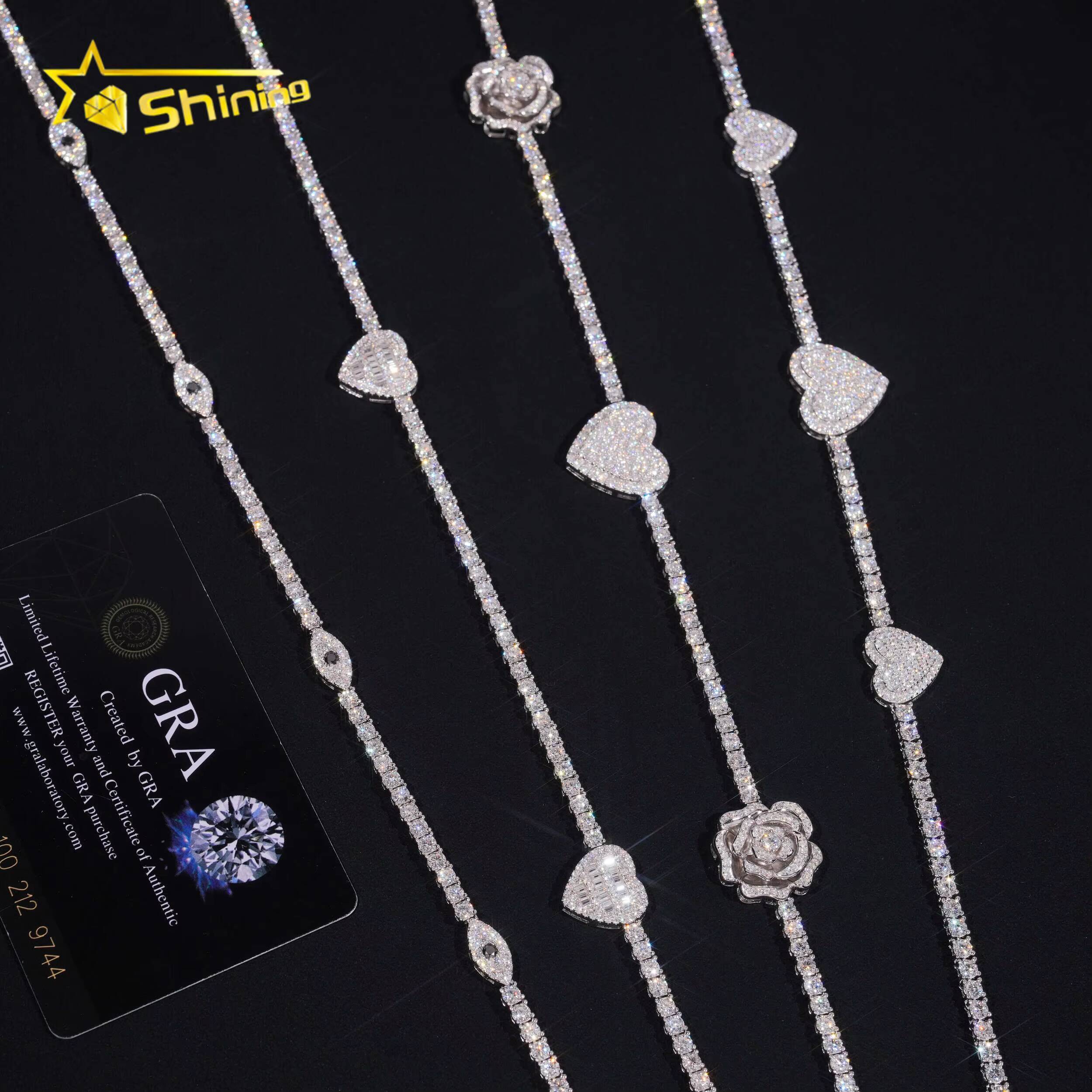 Iced Out Bling Vvs1 D Color Moissanite Diamond Tennis Chain Necklace With Heart Rose Eye Charms