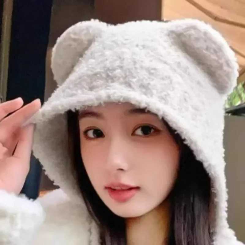 Plush Bear Ear Wool Hat Cold Proof Thick Beanie Warm Woolen Bonnet Soft Knitting Cs Winter Outdoor Shopping Knitted Str HatsXJ250910