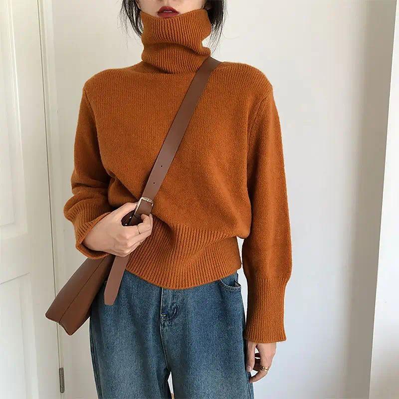 Elevated Knitwear Autumn New Bottoming High Neck Sweater Solid Color Vintage Knitwear Tops Oversized Sweater Women Jumper Streetwear