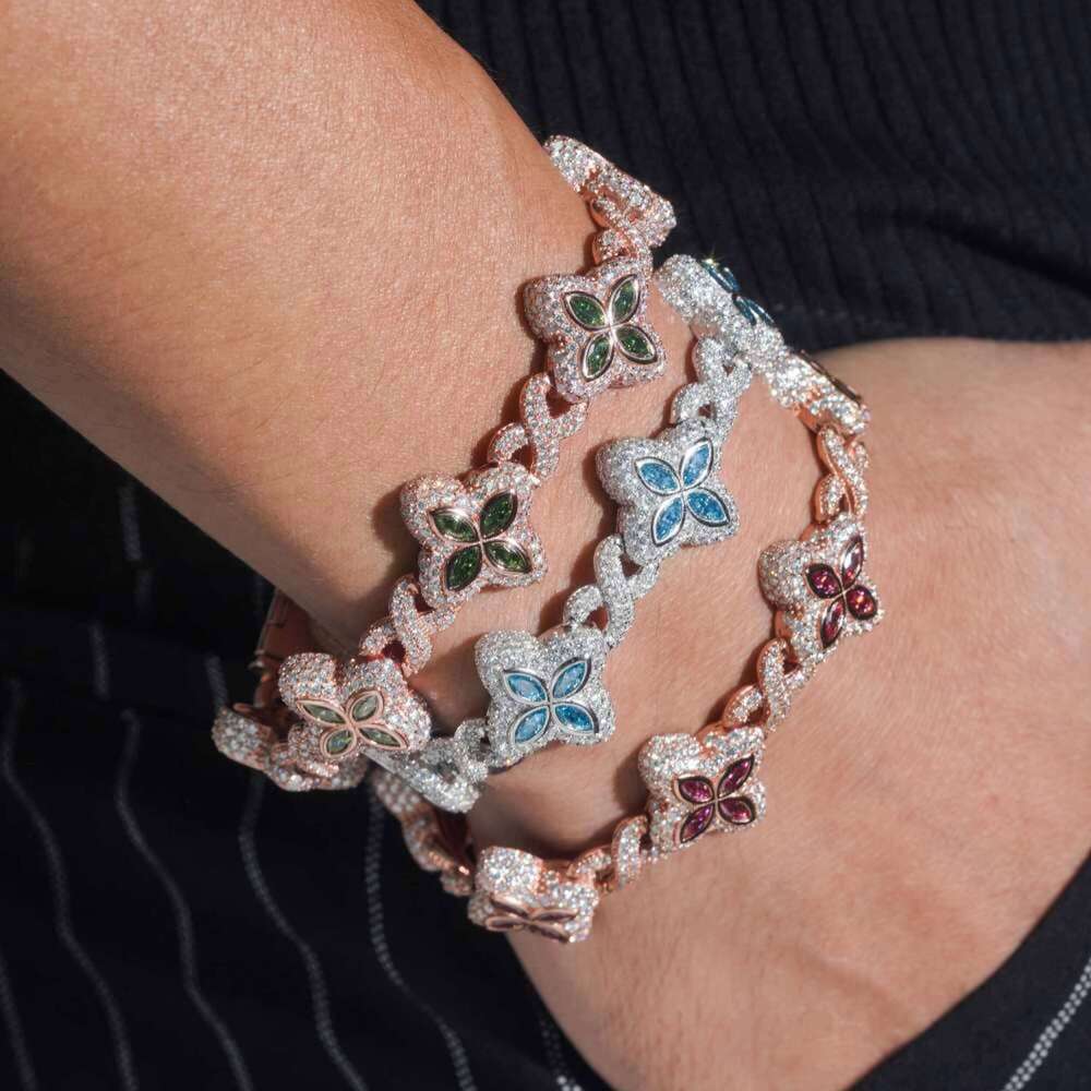 19MM Colored Moissanite 4 Leaf Clover Infinity Link Bracelet Iced Out Design Sparkling Gemstone Jewelry for Men and Women
