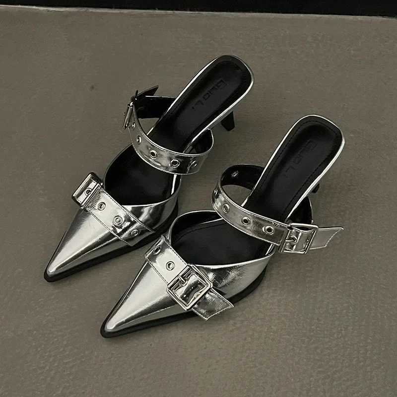 Punk Goth Metal Buckle High Heels Womens Sandals Summer Pointed Toe Silver Party Shoes Fashion Womens Pumps Shoes Tacones W250910