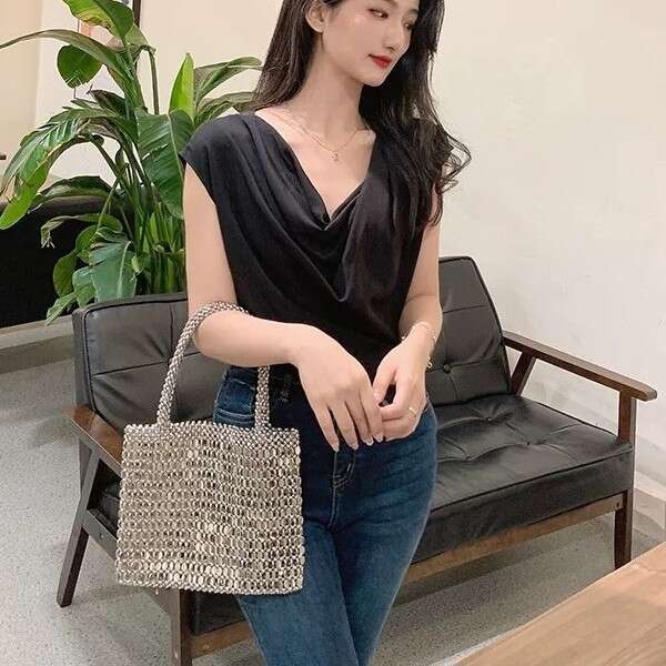 Style Fashion Handwoven Handbag Summer Trendy Stylish silver Shiny Versatile Beaded Ins Shoulder Bag