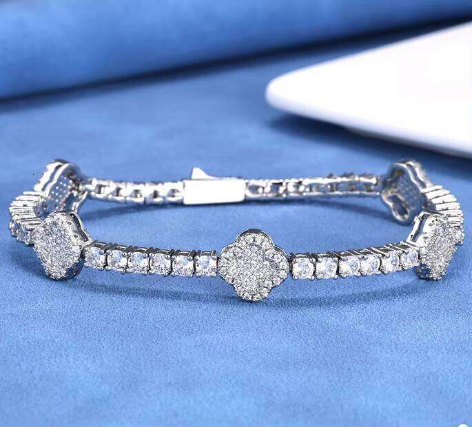 Fashion S Sier Tennis Link Bracelet Four Leaf Clover Charms Fourmm Mossanite 3MM 4MM Gold Plated for Parties Weddings Gifts