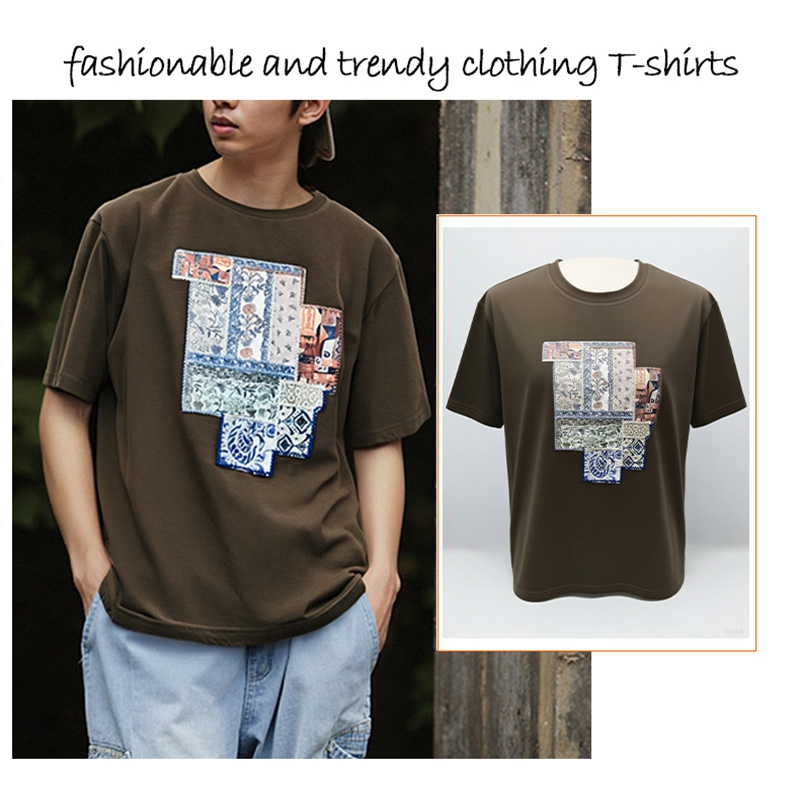 T-Shirt Brown Short - Sleeve T - Shirt with Retro Patchwork Pattern, Fashion Trendy Casual Top