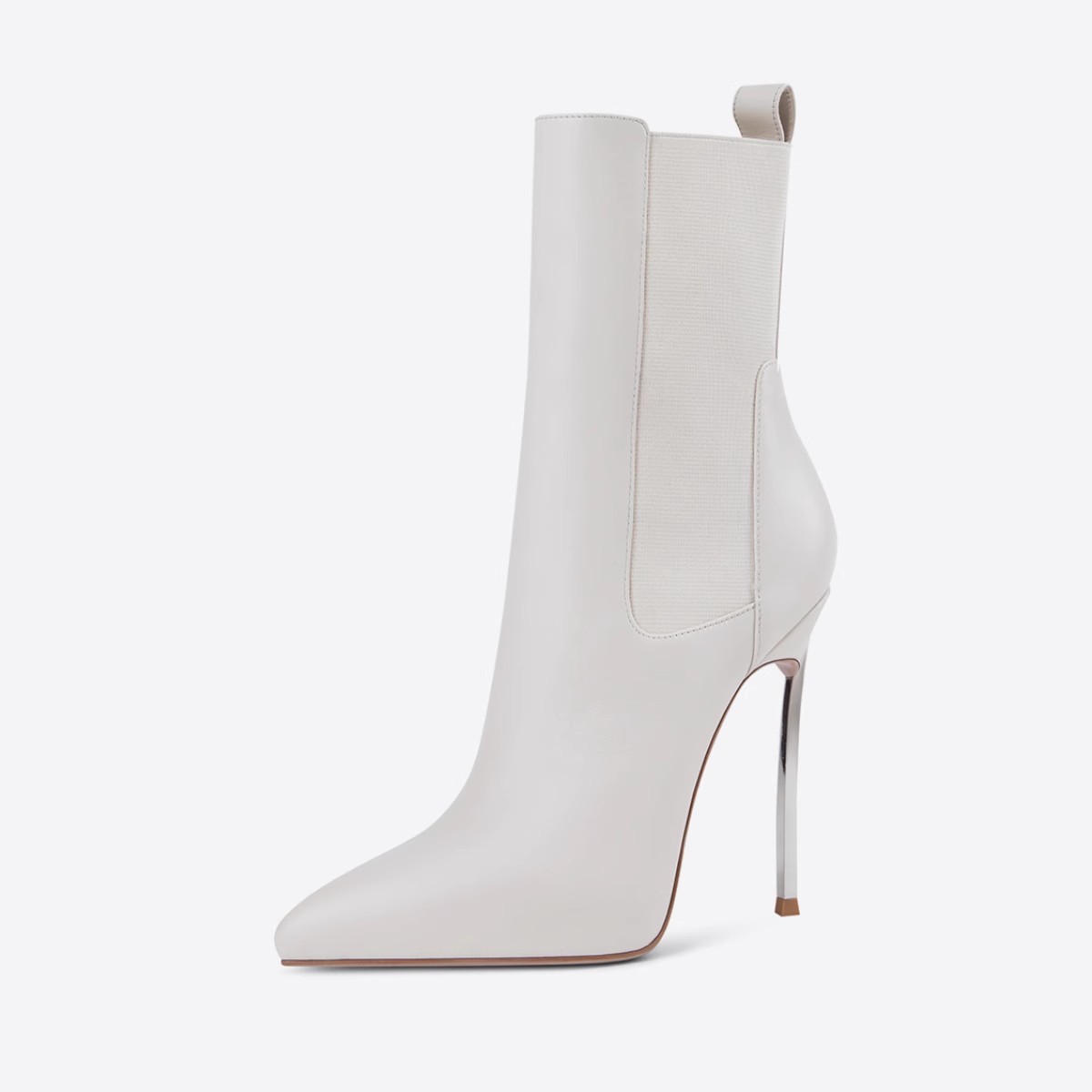 Chengdu Handmade Pointed Toe Chunky Heel Ankle Boots - Metal Accent Pull-On Boots (White/Black) European Style Fashion Boots