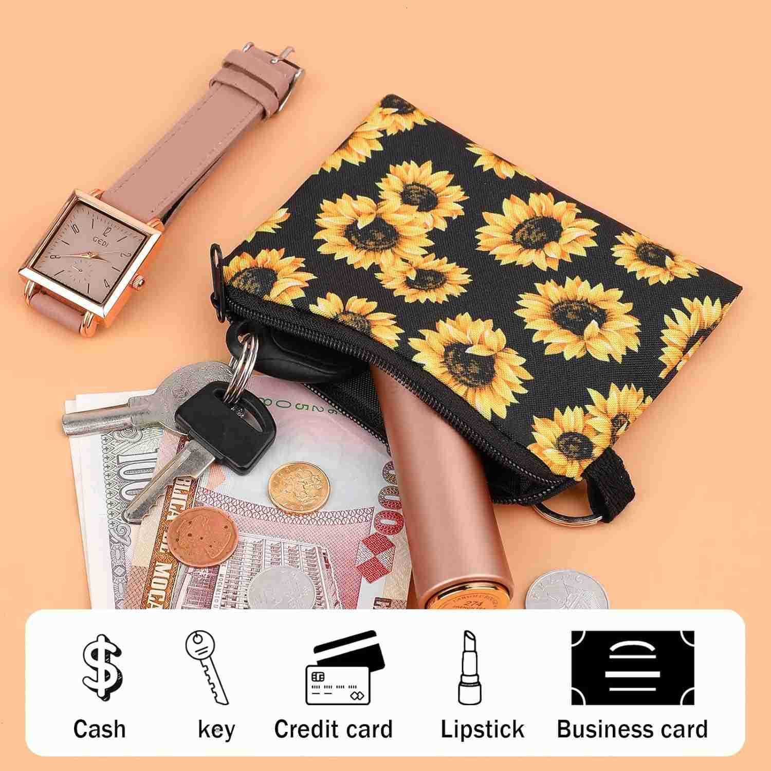 2 Pcs Sunflowers Coin Purse Fabric Coin Pouch with Key Ring Zipper Heart Coin Bag Small Black Canvas Purse Pouch Travel Portable Keychain WalletZ25091