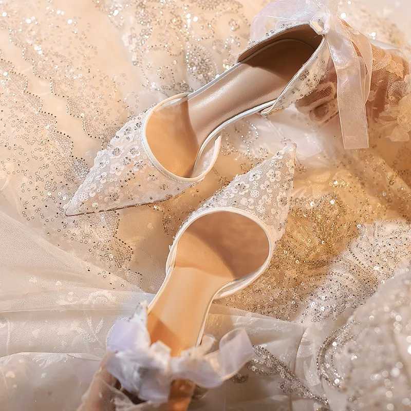 French Style White Wedding Shoes Senior Sense Wrapped Head Sandals WomenS Summer Lace Mesh Hollow High Heels Bride Single Shoes W250910