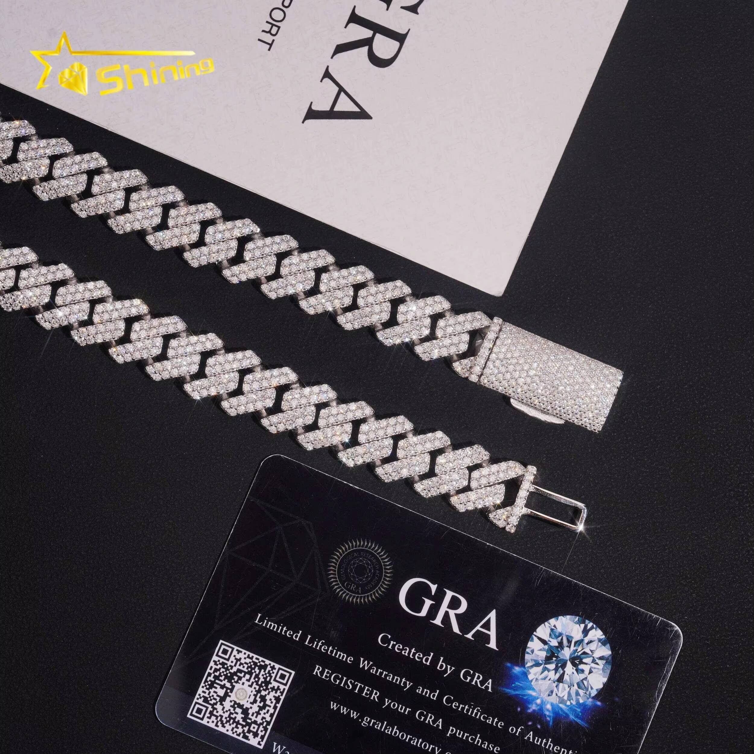 Pass Diamond Tester Two Row 14mm Width Iced Out Hip Hop 925 Sterling Silver Moissanite Cuban Link Chain