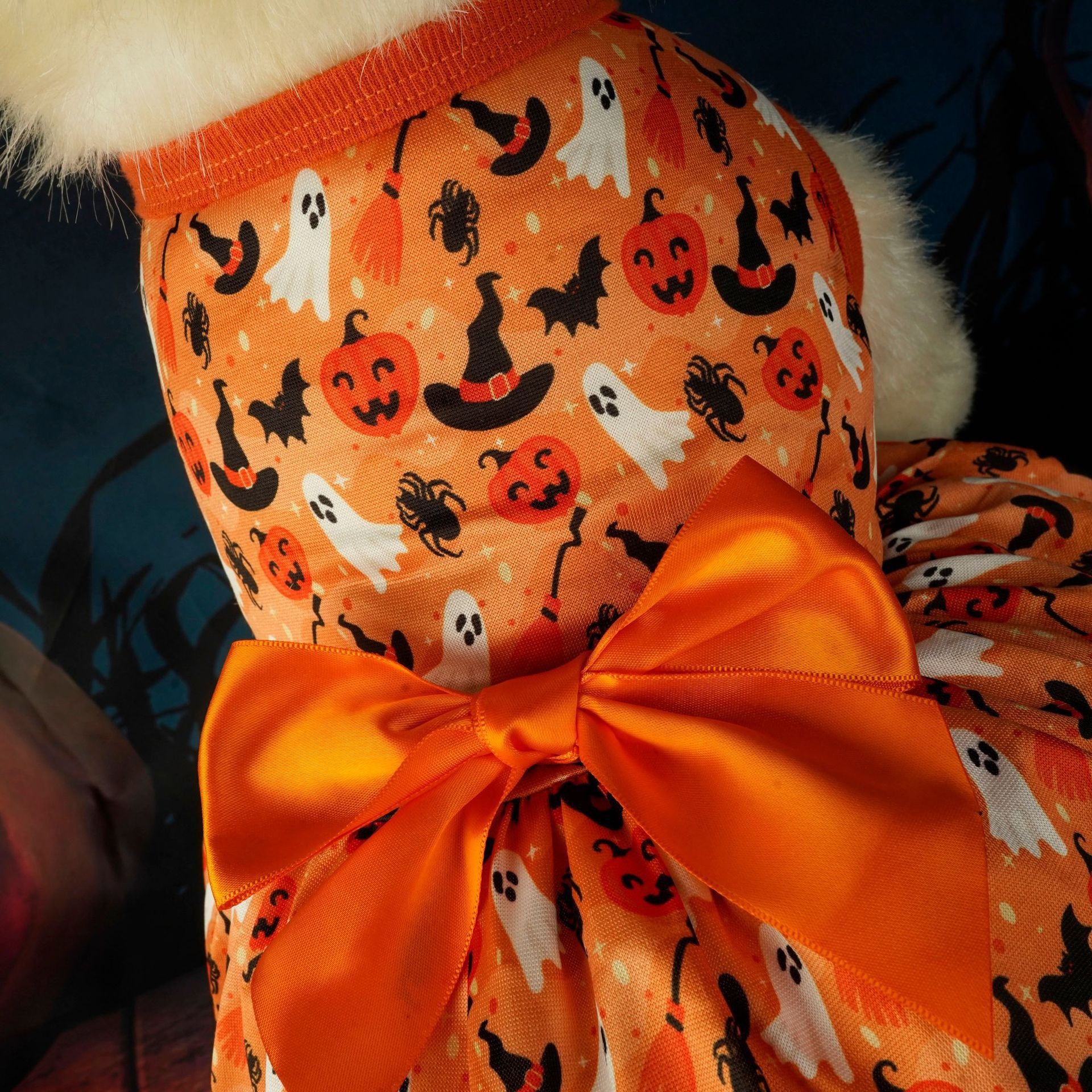 Halloween Dog Dress, Cotton Pet Apparel with Pumpkin Ghost Bat Spider Print & Big Orange Bowknot, for Dogs 2-14kg, Perfect for Halloween Parties, Tric