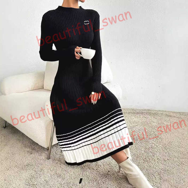 Designer womens Basic & Casual Dresses Women's Sweater Dress Black and White Striped Pleated Skirt Sweater Dress Long Dress for women