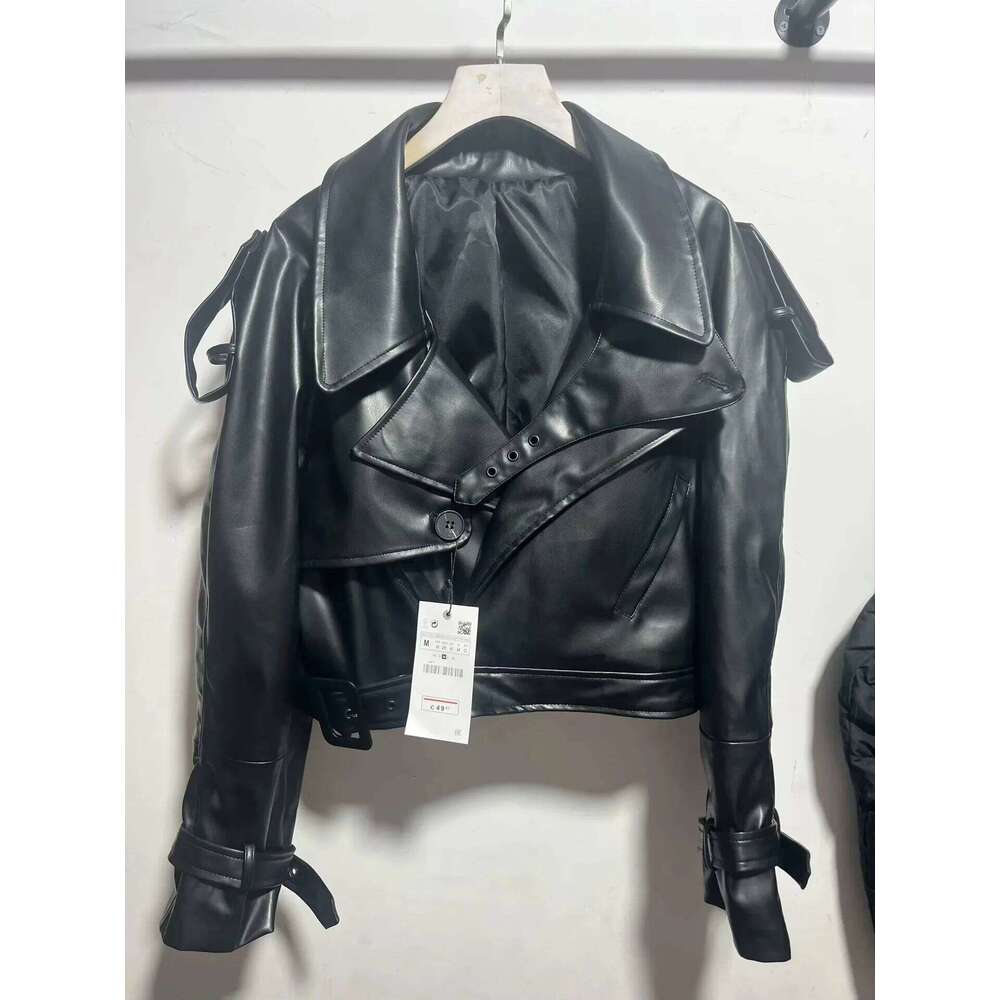 Designer Clothing 2025 Casual Street Leather Jacket Women Solid Lapel Long Sleeved Belt Crop Female Coats 2025 Autumn Y2k Fashion Loose Pu Outwear Lad