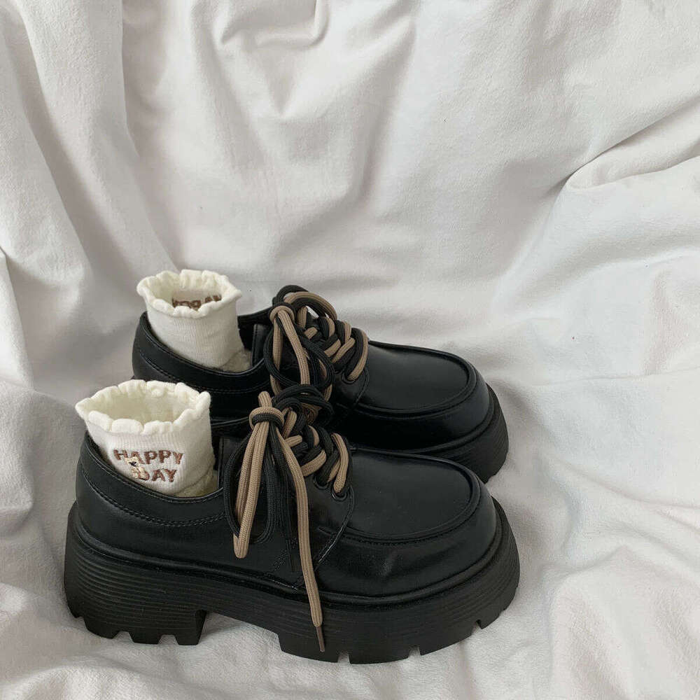 Chunky Heel Thick Sole Height Increasing Lace-up Black Designer Shoe Leather for Women 2025 Autumn New British Style Single Shoes