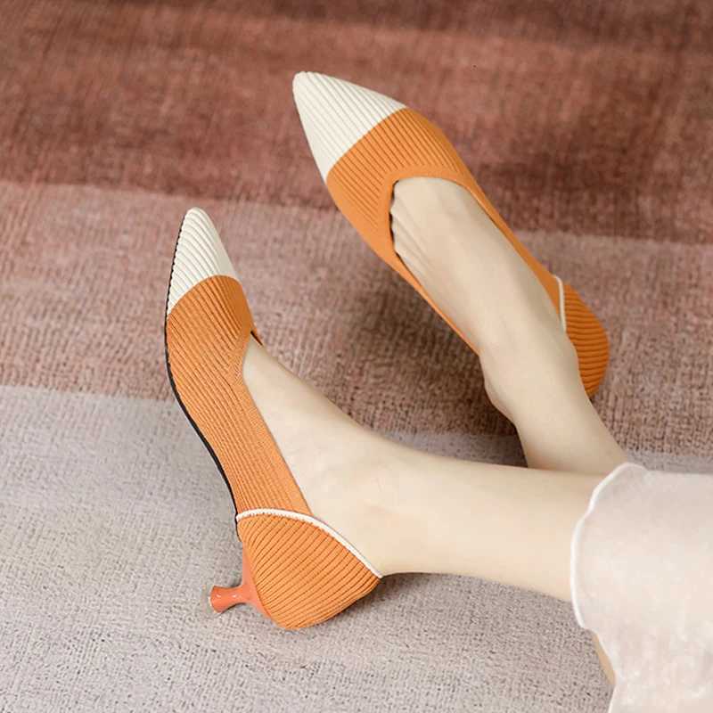 Womens Work High Heels 2025 New Knitted Breathable Thin Heels Fashion Color Matching Shoes Spring and Autumn Seasons W250910