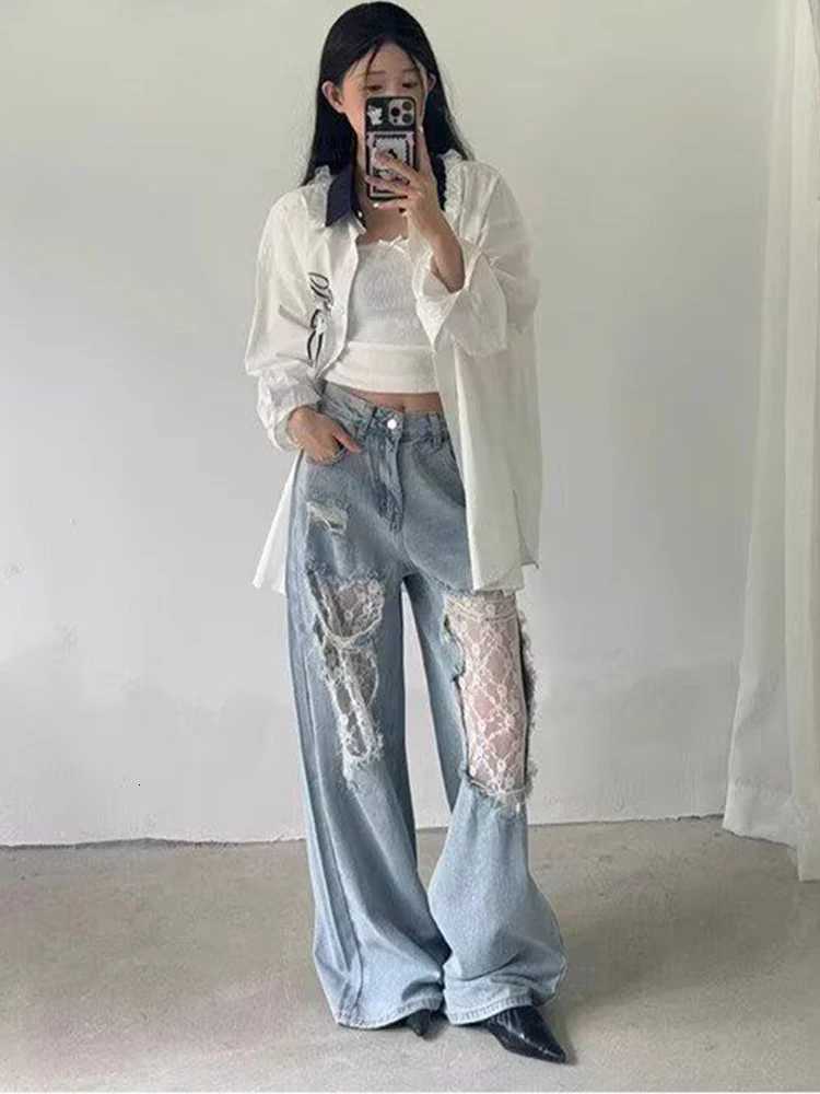 2025 Womens Y2K American Style High Waist Lace Spliced Denim Pants Loose Wide Leg Trousers Fashion Hottie Hole Patchwork Jeans Z250910
