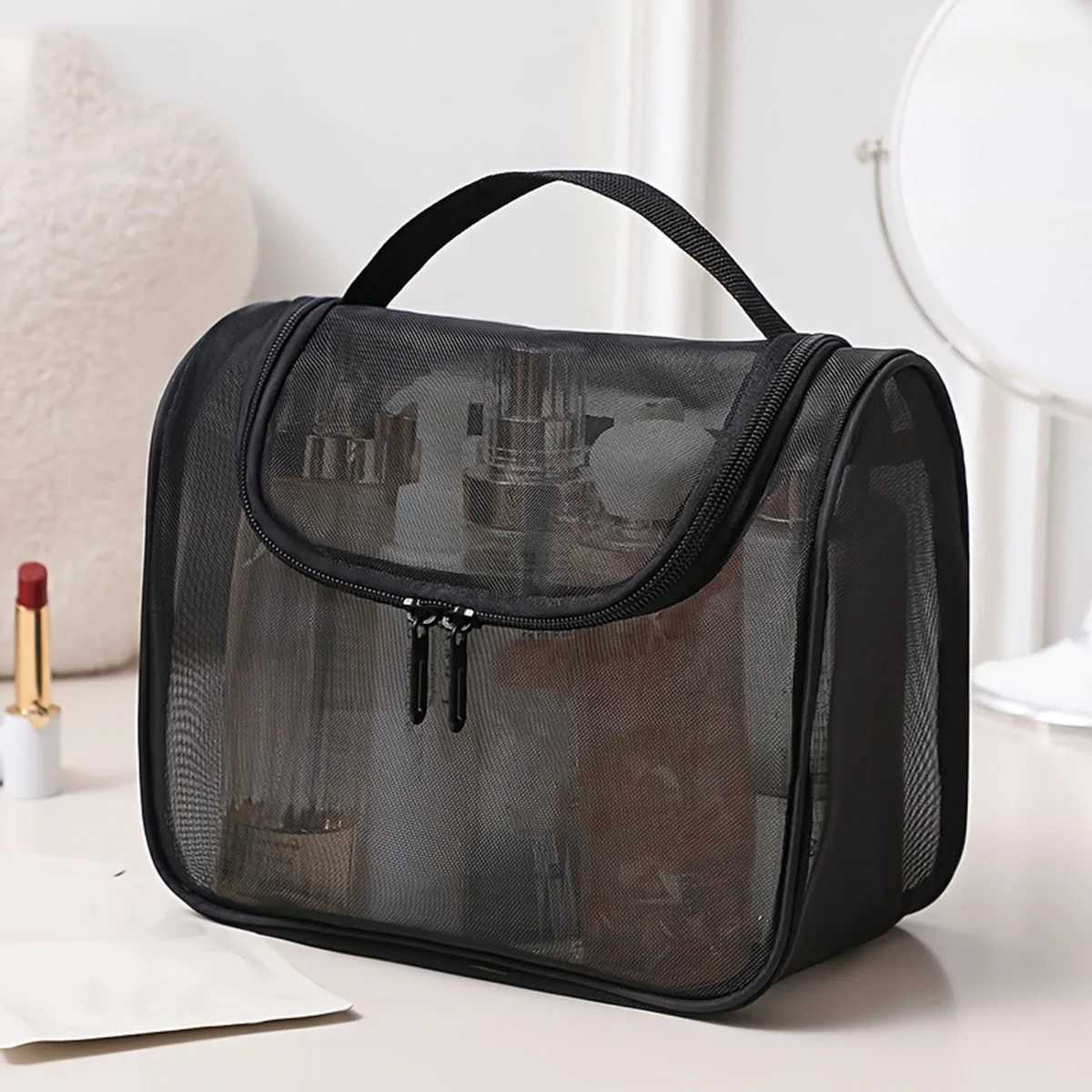 New multifunctional toiletries bag curved nylon mesh portable makeup bag womens large capacity cosmetics storage bagXJ250910
